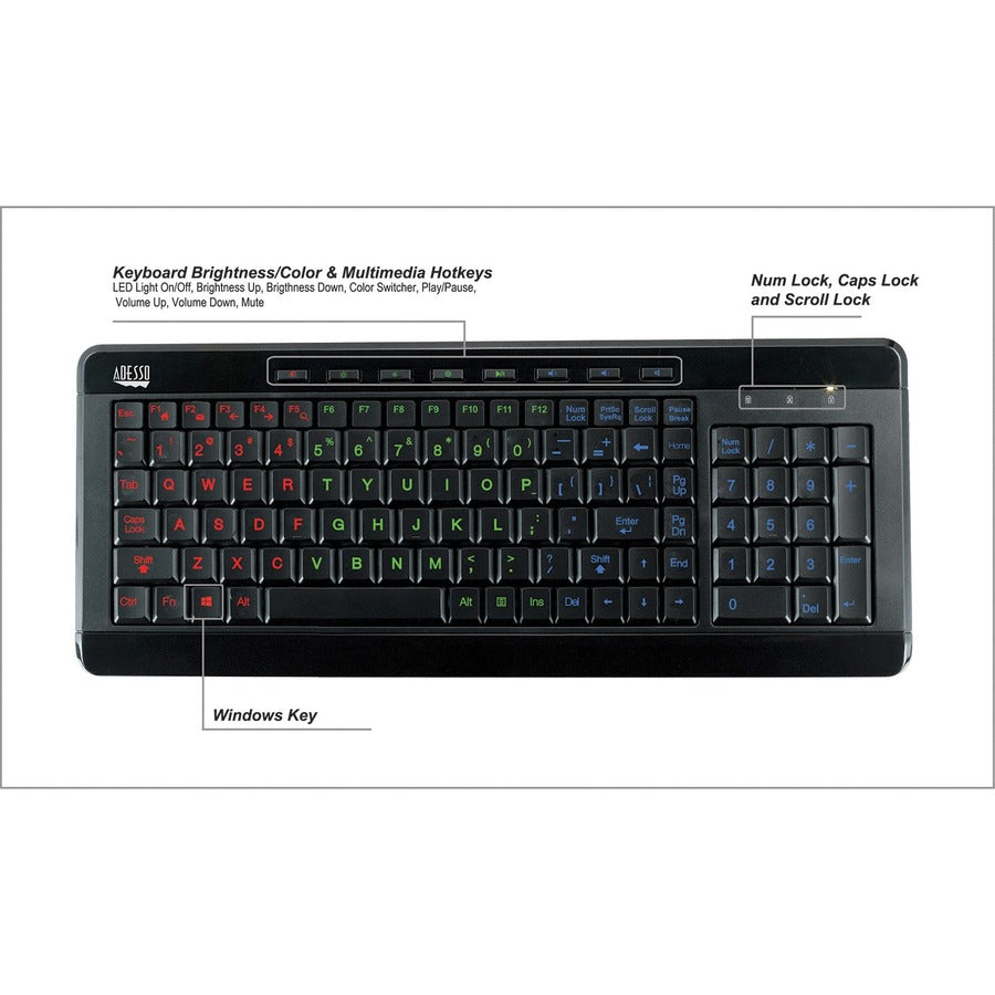 Adesso 3-Color Illuminated Compact Multimedia Keyboard