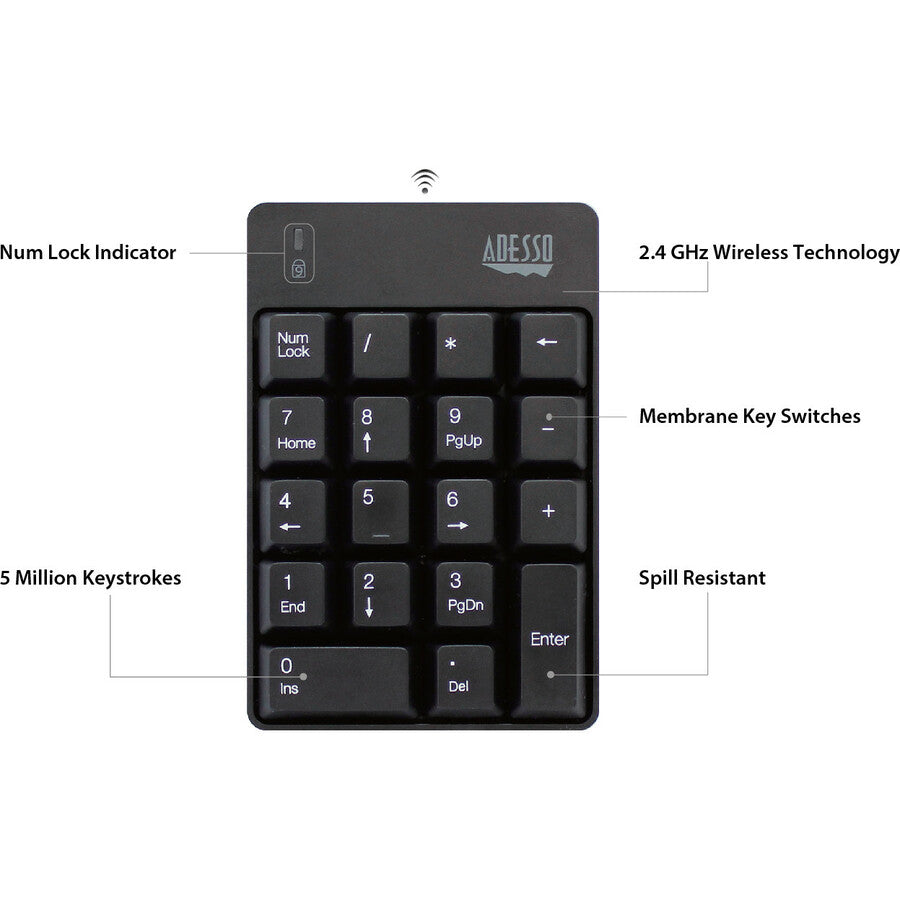 Adesso WKB-6010UB - Wireless Spill Resistant 18-Key Numeric Keypad