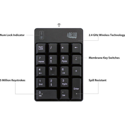 Adesso WKB-6010UB - Wireless Spill Resistant 18-Key Numeric Keypad
