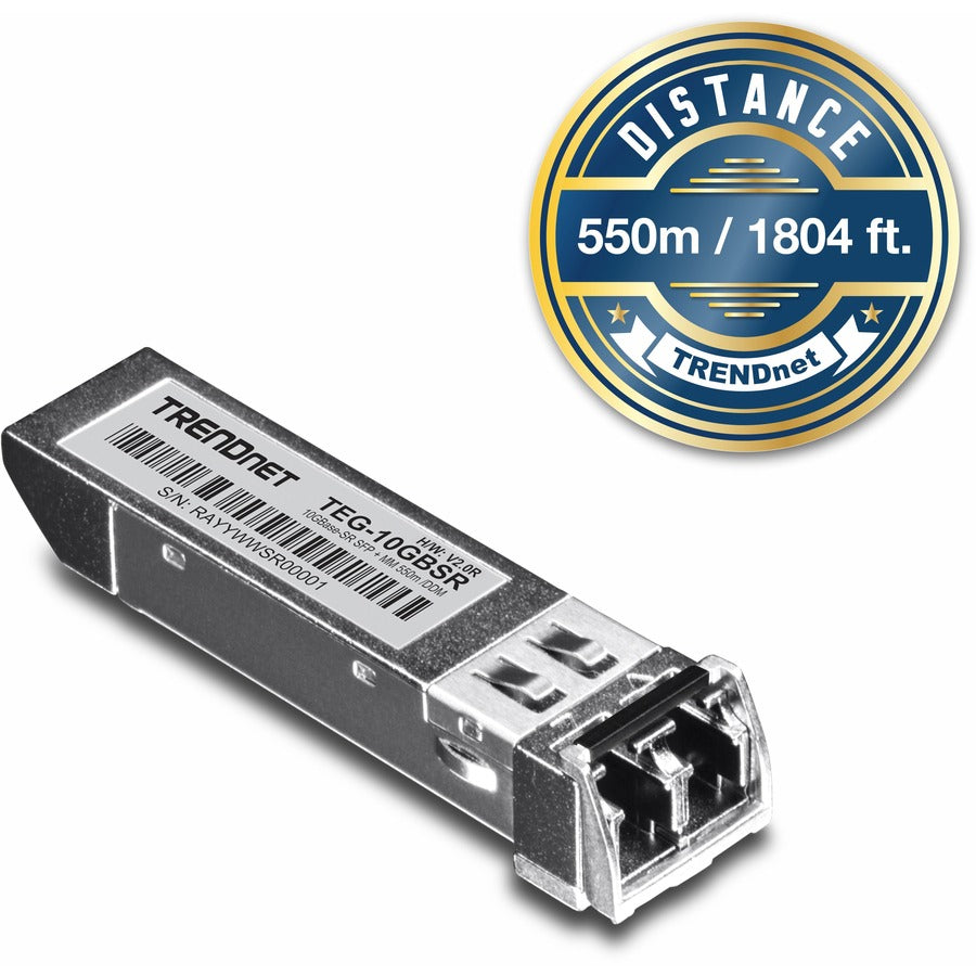 TRENDnet SFP to RJ45 10GBASE-SR SFP+ Multi Mode LC Module; TEG-10GBSR; Up to 550 m (1;804 Ft.); Hot Pluggable SFP+ Transceiver; 850nm Wavelength; Duplex LC Connector; DDM Support; Lifetime Protection