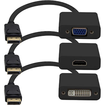 3PK DisplayPort 1.2 Male to DVI, HDMI, VGA Female Black Adapters Which Comes in a Bundle For Resolution Up to 1920x1200 (WUXGA)