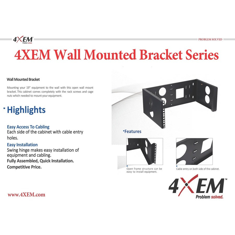 4XEM 2U Wall Mount for Rackmount Equipment, Network Equipment - Black