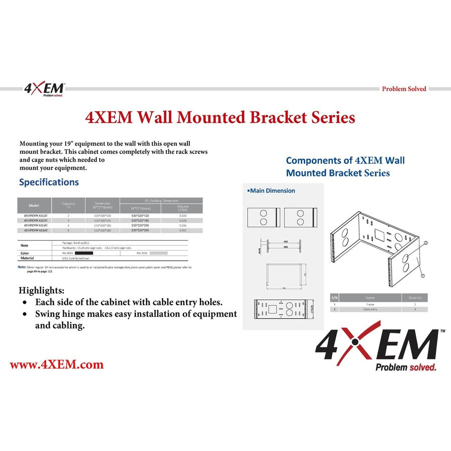 4XEM 2U Wall Mount for Rackmount Equipment, Network Equipment - Black