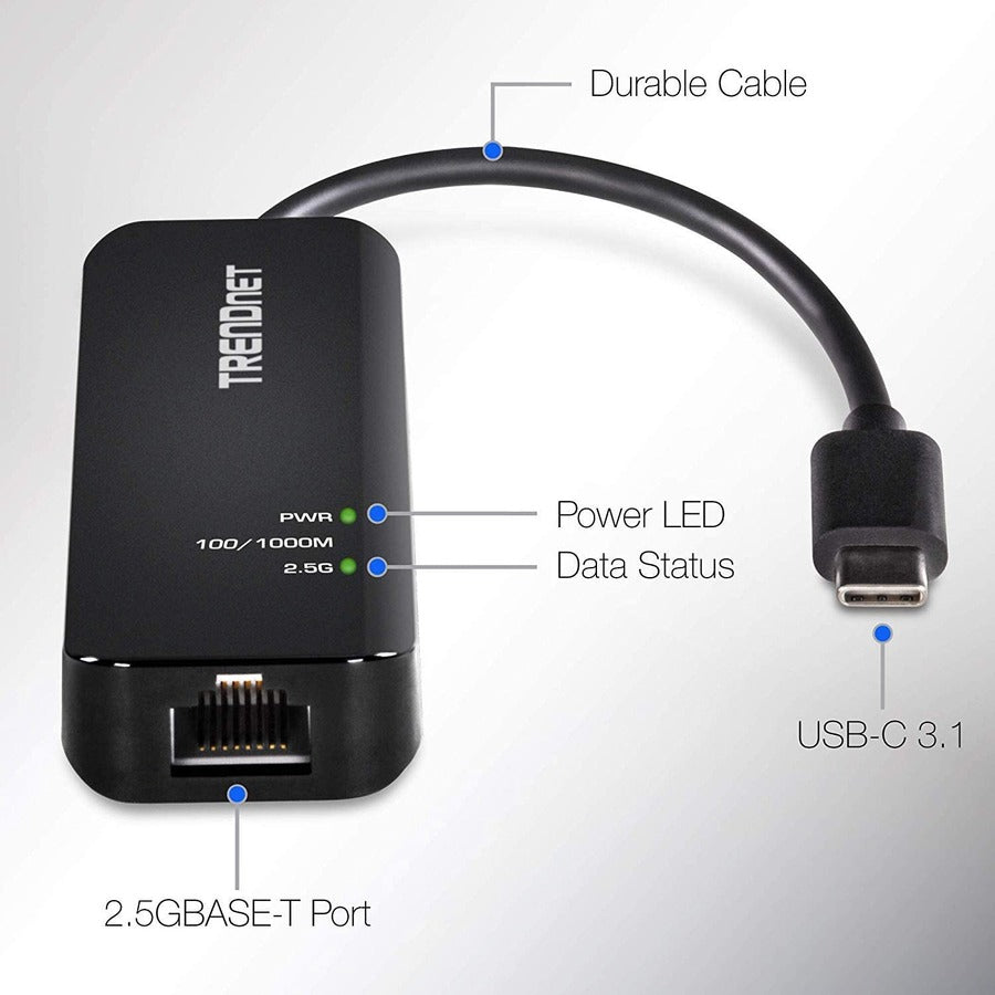 TRENDnet USB-C 3.1 To 2.5GBase-T Ethernet Adapter, IEEE 802.3bz 2.5GBASE-T Compliant, Supports Up to 2.5Gbps connection Speeds, Supports 802.1p (CoS) And 802.1Q (VLAN), Black, TUC-ET2G