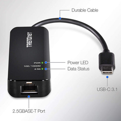 TRENDnet USB-C 3.1 To 2.5GBase-T Ethernet Adapter, IEEE 802.3bz 2.5GBASE-T Compliant, Supports Up to 2.5Gbps connection Speeds, Supports 802.1p (CoS) And 802.1Q (VLAN), Black, TUC-ET2G
