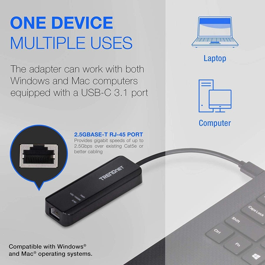 TRENDnet USB-C 3.1 To 2.5GBase-T Ethernet Adapter, IEEE 802.3bz 2.5GBASE-T Compliant, Supports Up to 2.5Gbps connection Speeds, Supports 802.1p (CoS) And 802.1Q (VLAN), Black, TUC-ET2G