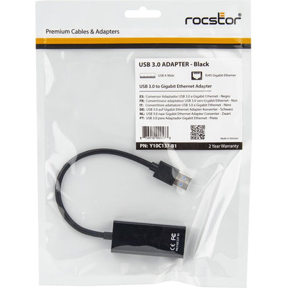 Rocstor Premium USB 3.0 to Gigabit Ethernet NIC Network Adapter RJ45 10/100/1000 M/F - USB 3.0 - 1 x Network (RJ-45) - Twisted Pair USB 3.0 10/100/1000 - Black