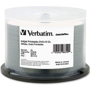 Verbatim DVD+R DL 8.5GB 8X DataLifePlus White InkJet Printable, Hub Printable - 50pk Spindle