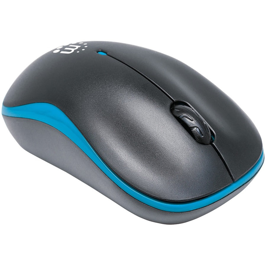 Manhattan Success Wireless Mouse, Black/Blue, 1000dpi, 2.4Ghz (up to 10m), USB, Optical, Three Button with Scroll Wheel, USB micro receiver, AA battery (included), Low friction base, Three Year Warranty, Blister