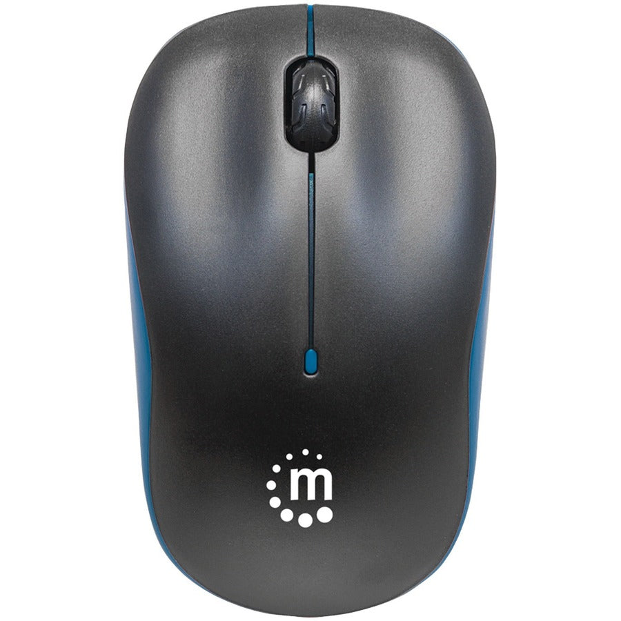 Manhattan Success Wireless Mouse, Black/Blue, 1000dpi, 2.4Ghz (up to 10m), USB, Optical, Three Button with Scroll Wheel, USB micro receiver, AA battery (included), Low friction base, Three Year Warranty, Blister