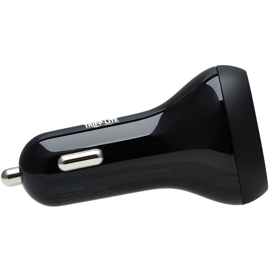 Tripp Lite USB Car Charger 3-Port 36W Max Charging USB C, 2 USB-A Black