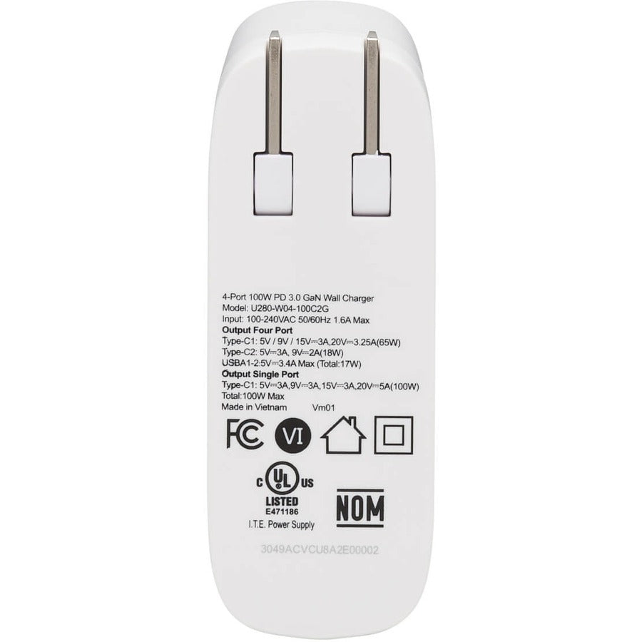 Tripp Lite USB C Wall Charger 4Port Compact Gan Technology 100W PD3.0 White