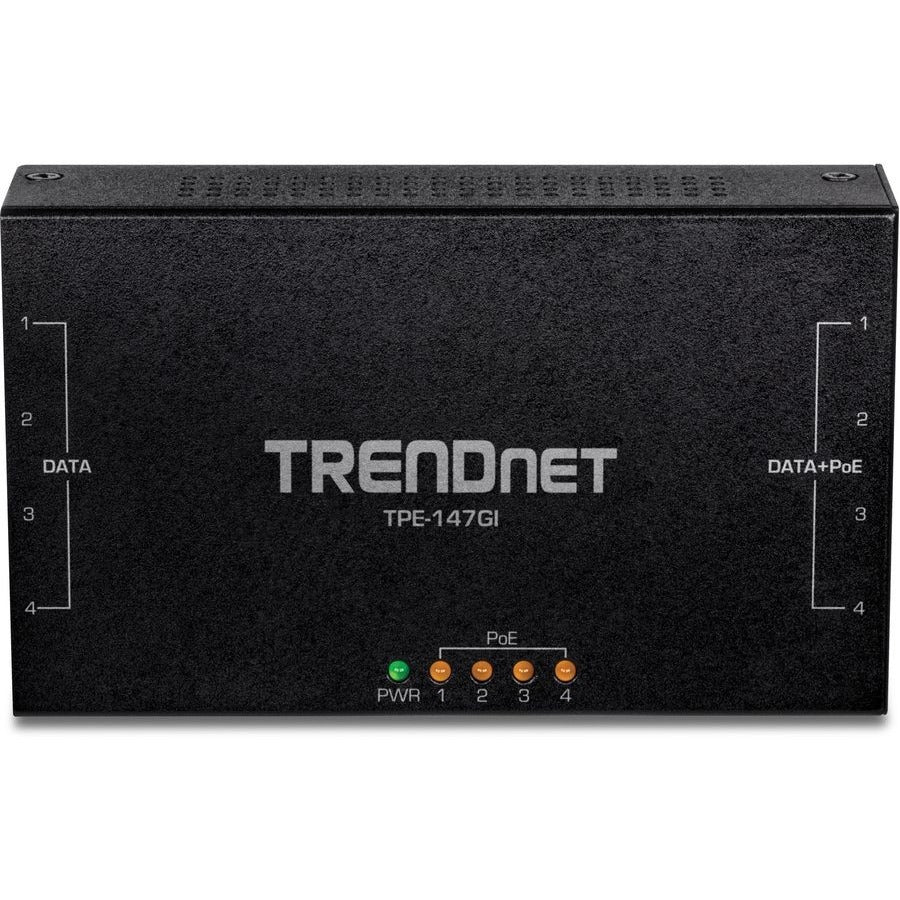 TRENDnet 65W 4-Port Gigabit PoE+ Injector, TPE-147GI, 4 x Gigabit Ports(Data in), 4 x gigabit PoE Ports(Data + PoE Out), Multi-Port PoE+ Injector up to 100m(328 ft.), Add PoE+ Power to Non-PoE Switch