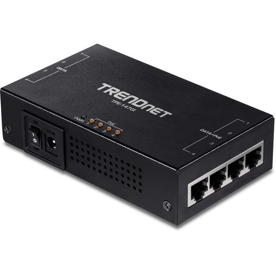 TRENDnet 65W 4-Port Gigabit PoE+ Injector, TPE-147GI, 4 x Gigabit Ports(Data in), 4 x gigabit PoE Ports(Data + PoE Out), Multi-Port PoE+ Injector up to 100m(328 ft.), Add PoE+ Power to Non-PoE Switch