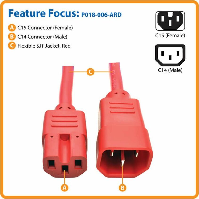 Tripp Lite 6ft Heavy Duty Power Extension Cord 15A 14 AWG C14 C15 Red 6'