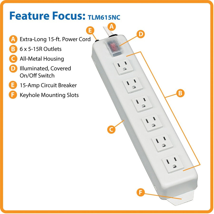 Tripp Lite Power Strip 120V 5-15R 6 Outlet Metal 15' Cord 5-15P