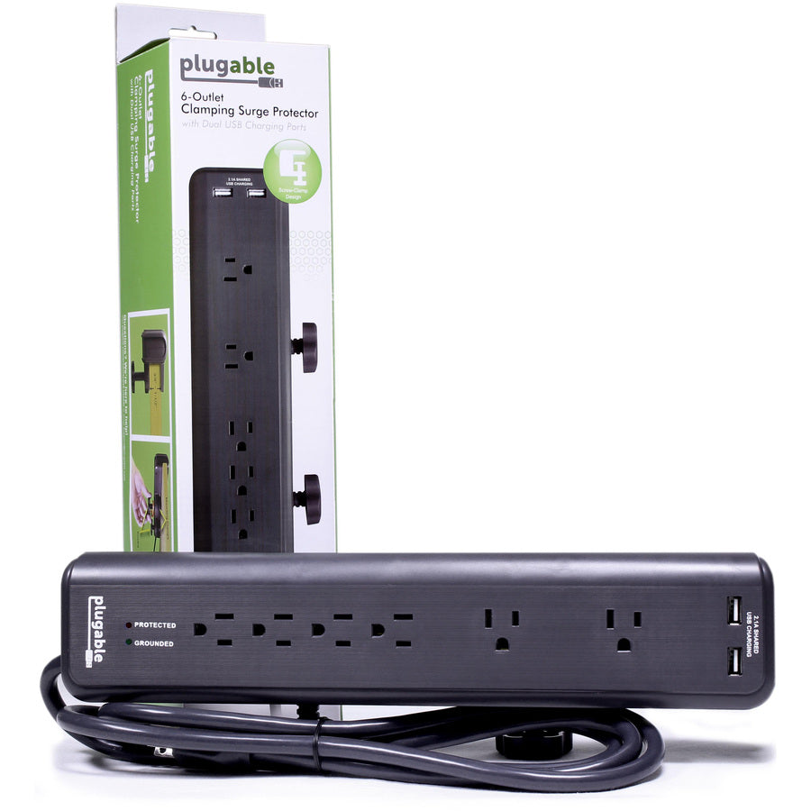 Plugable 6 AC Outlet Surge Protector with Clamp Mount for Workbench or Desk.