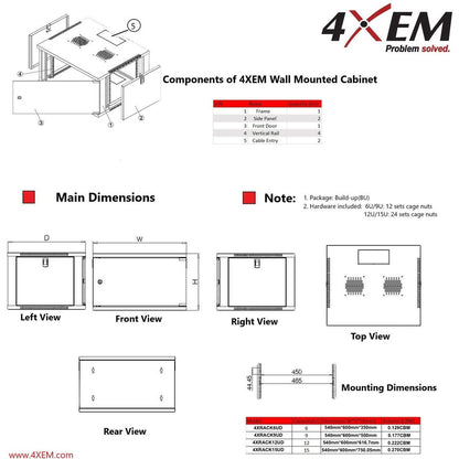 4XEM 6U Wall Mount Server Rack Cabinet 24 Inches Deep