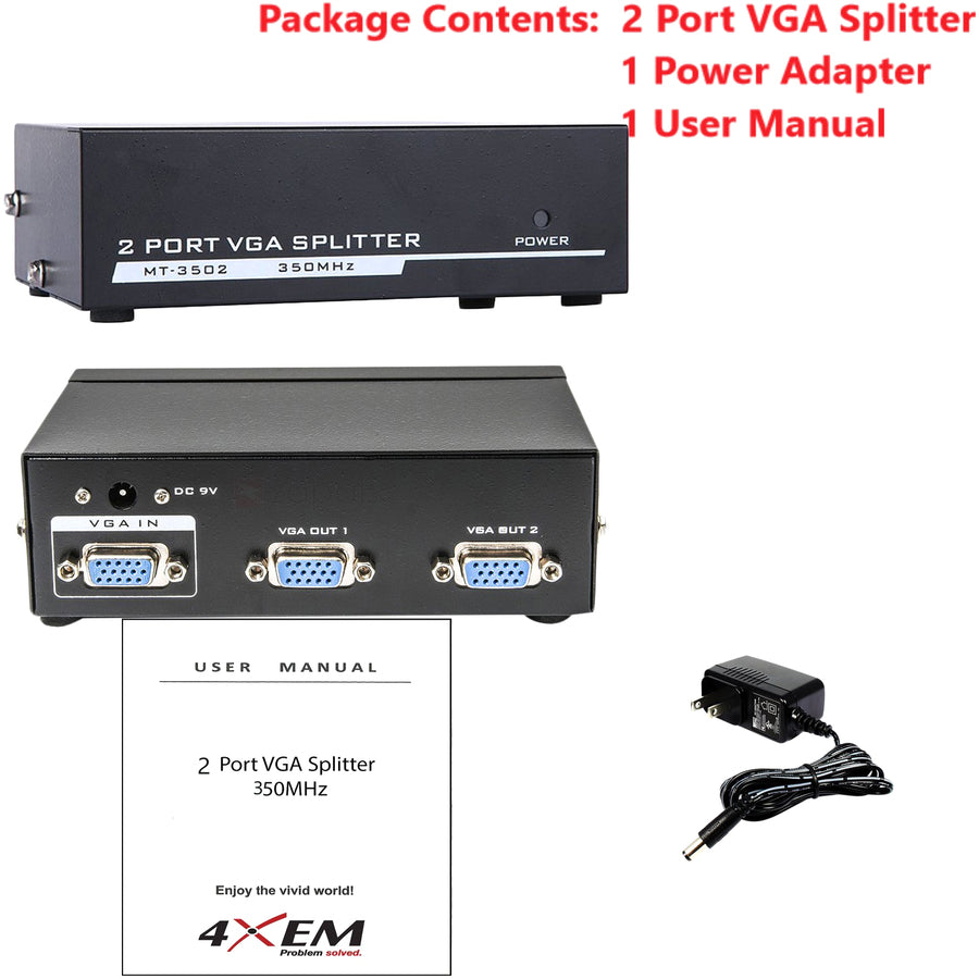 4XEM 2-Port VGA Splitter 350 MHz