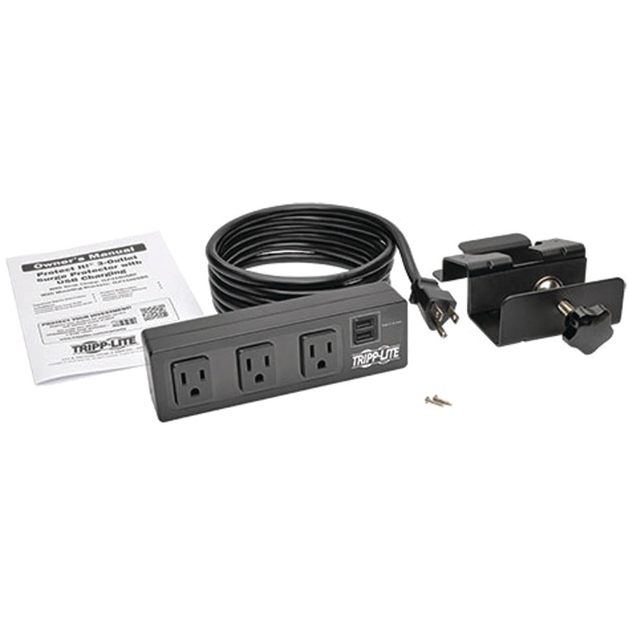 Tripp Lite 3-Outlet Surge Protector Power Strip Clamp w/ 2-Port USB Charging