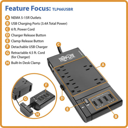 Tripp Lite Surge Protector Power Strip 6-Outlet w/4 USB Charging/Sync Ports