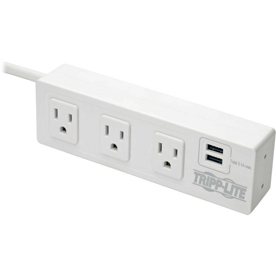 Tripp Lite 3-Outlet Surge Protector Power Strip w/ 2-Port USB Charging White