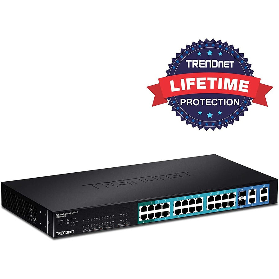 TRENDnet 28-Port 10/100Mbps Web Smart PoE+ Switch, 20 x PoE Ports, 4 x PoE+ Ports, 2 x Gigabit Ports, 2 x Shared Gigabit Ports (RJ-45 or SFP), Rack Mountable, Lifetime Protection, Black, TPE-224WS