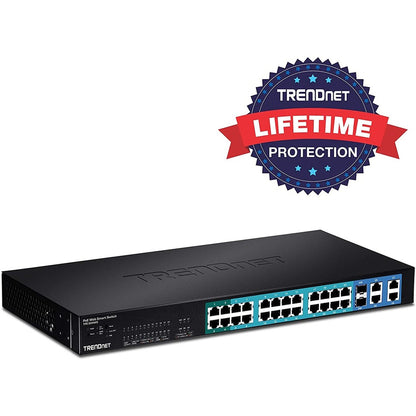 TRENDnet 28-Port 10/100Mbps Web Smart PoE+ Switch, 20 x PoE Ports, 4 x PoE+ Ports, 2 x Gigabit Ports, 2 x Shared Gigabit Ports (RJ-45 or SFP), Rack Mountable, Lifetime Protection, Black, TPE-224WS
