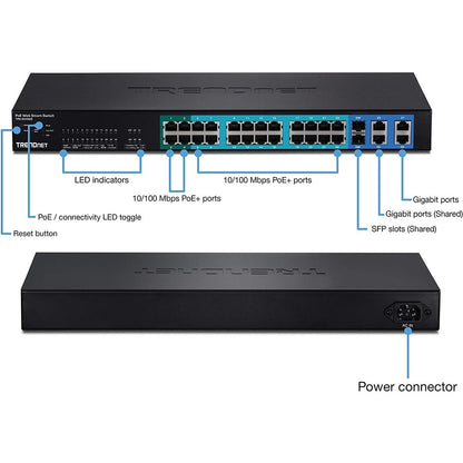 TRENDnet 28-Port 10/100Mbps Web Smart PoE+ Switch, 20 x PoE Ports, 4 x PoE+ Ports, 2 x Gigabit Ports, 2 x Shared Gigabit Ports (RJ-45 or SFP), Rack Mountable, Lifetime Protection, Black, TPE-224WS