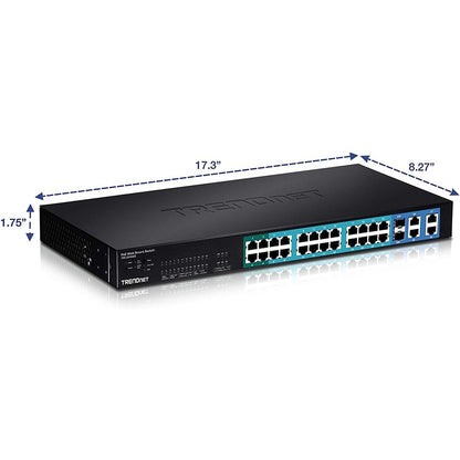 TRENDnet 28-Port 10/100Mbps Web Smart PoE+ Switch, 20 x PoE Ports, 4 x PoE+ Ports, 2 x Gigabit Ports, 2 x Shared Gigabit Ports (RJ-45 or SFP), Rack Mountable, Lifetime Protection, Black, TPE-224WS