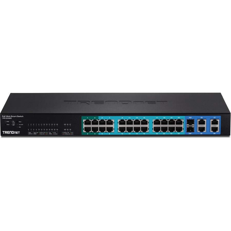 TRENDnet 28-Port 10/100Mbps Web Smart PoE+ Switch, 20 x PoE Ports, 4 x PoE+ Ports, 2 x Gigabit Ports, 2 x Shared Gigabit Ports (RJ-45 or SFP), Rack Mountable, Lifetime Protection, Black, TPE-224WS