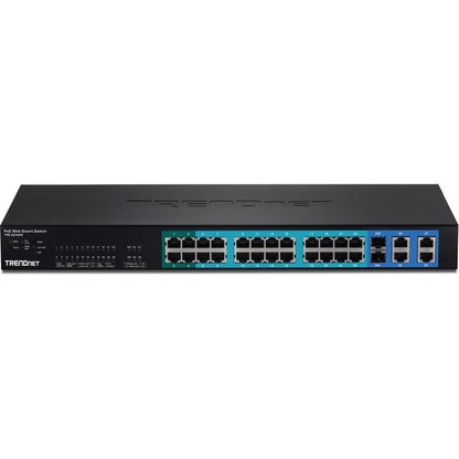 TRENDnet 28-Port 10/100Mbps Web Smart PoE+ Switch, 20 x PoE Ports, 4 x PoE+ Ports, 2 x Gigabit Ports, 2 x Shared Gigabit Ports (RJ-45 or SFP), Rack Mountable, Lifetime Protection, Black, TPE-224WS