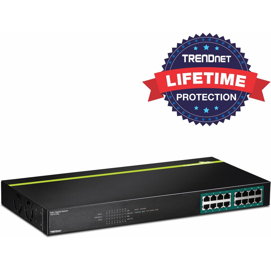 TRENDnet 16-Port Gigabit PoE+ Switch, 16 x Gigabit PoE+ Ports, 246W PoE Power Budget, 32 Gbps Switching Capacity, Desktop Switch, Ethernet Network Switch, Metal, Lifetime Protection, Black, TPE-TG160g