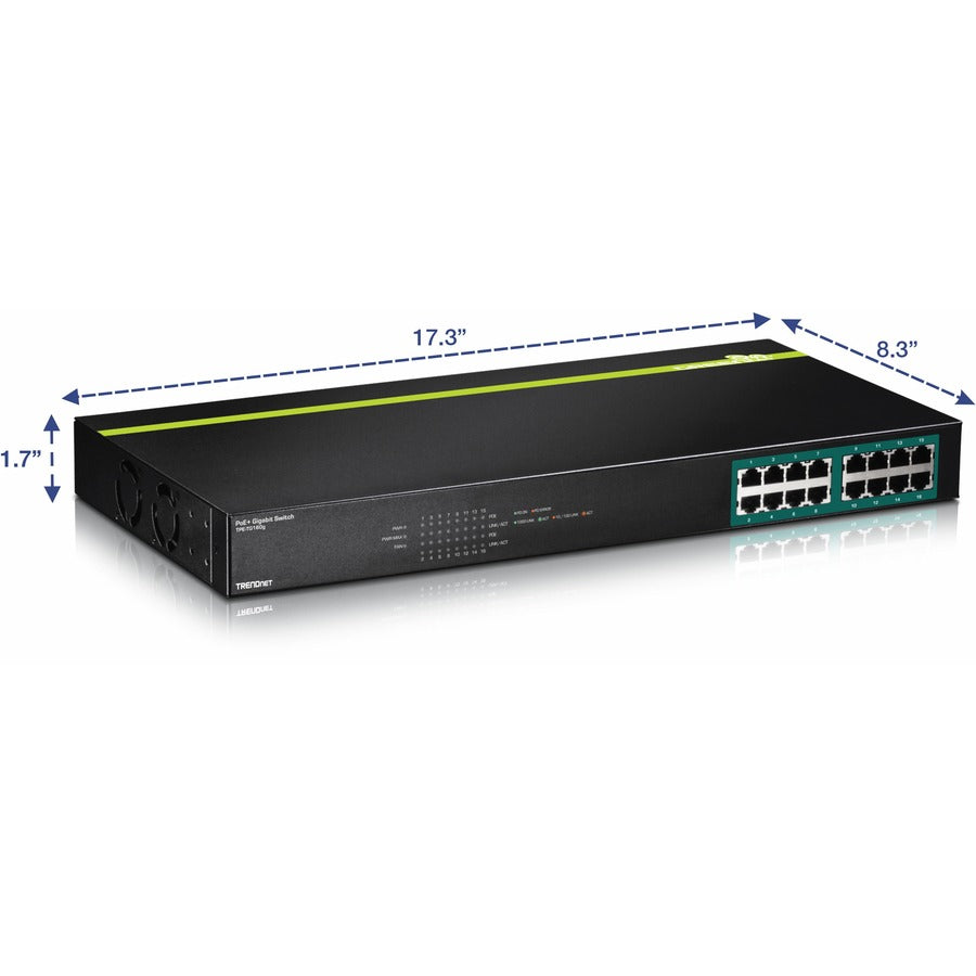 TRENDnet 16-Port Gigabit PoE+ Switch, 16 x Gigabit PoE+ Ports, 246W PoE Power Budget, 32 Gbps Switching Capacity, Desktop Switch, Ethernet Network Switch, Metal, Lifetime Protection, Black, TPE-TG160g
