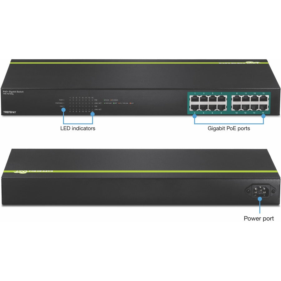 TRENDnet 16-Port Gigabit PoE+ Switch, 16 x Gigabit PoE+ Ports, 246W PoE Power Budget, 32 Gbps Switching Capacity, Desktop Switch, Ethernet Network Switch, Metal, Lifetime Protection, Black, TPE-TG160g
