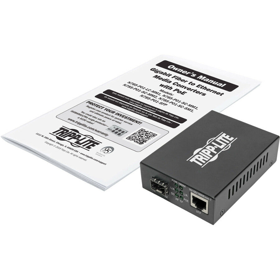 Tripp Lite Gigabit SFP Fiber to Ethernet Media Converter, POE+ - 10/100/1000 Mbps