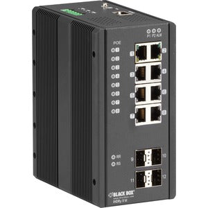 Black Box Industrial Managed Gigabit Ethernet PoE+ Switch - (8) RJ-45, (4) SFP