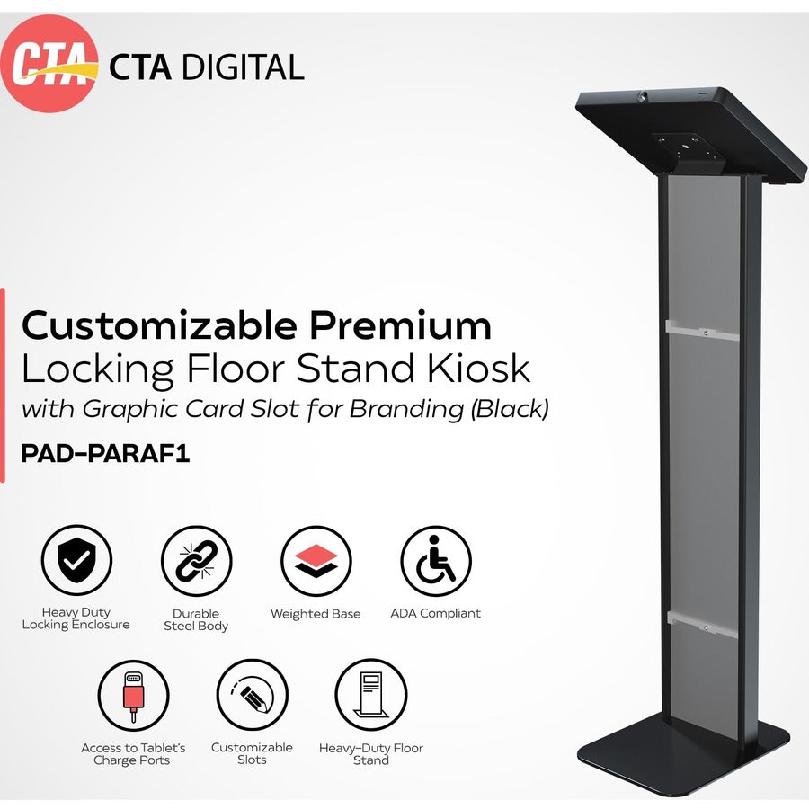 CTA Digital Customizable Premium Locking Floor Stand Kiosk with Graphic Card Slot for branding for 10.2-in iPad 7th, 8th Gen & More (Black)