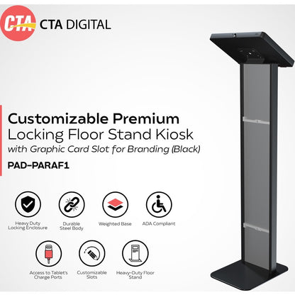 CTA Digital Customizable Premium Locking Floor Stand Kiosk with Graphic Card Slot for branding for 10.2-in iPad 7th, 8th Gen & More (Black)
