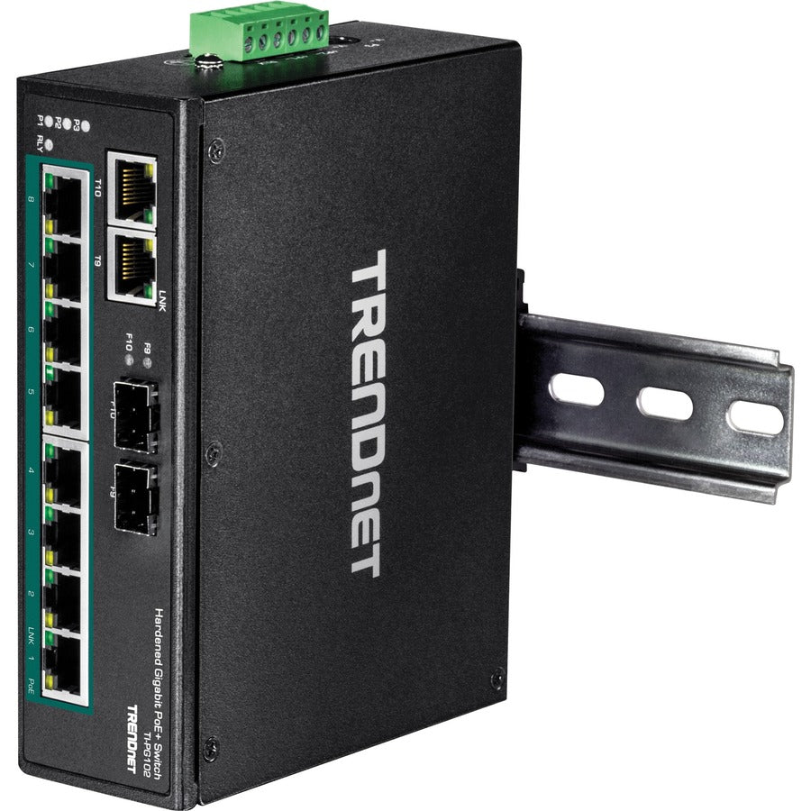 TRENDnet 10-Port Industrial Gigabit PoE+ DIN-Rail Switch, 8 x Gigabit PoE+ Ports, DIN-Rail Mount, 2 x SFP Slots, 240W PoE Power Budget, Network Switch, IP30, QoS, Lifetime Protection, Black, TI-PG102
