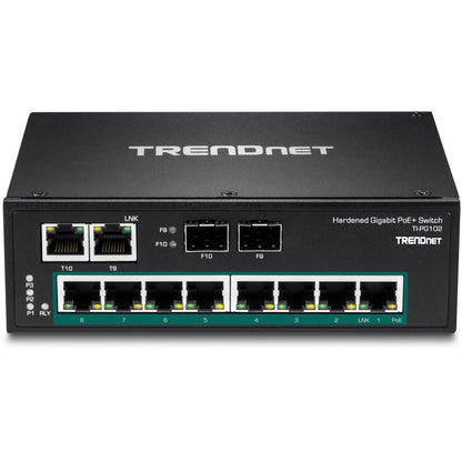 TRENDnet 10-Port Industrial Gigabit PoE+ DIN-Rail Switch, 8 x Gigabit PoE+ Ports, DIN-Rail Mount, 2 x SFP Slots, 240W PoE Power Budget, Network Switch, IP30, QoS, Lifetime Protection, Black, TI-PG102
