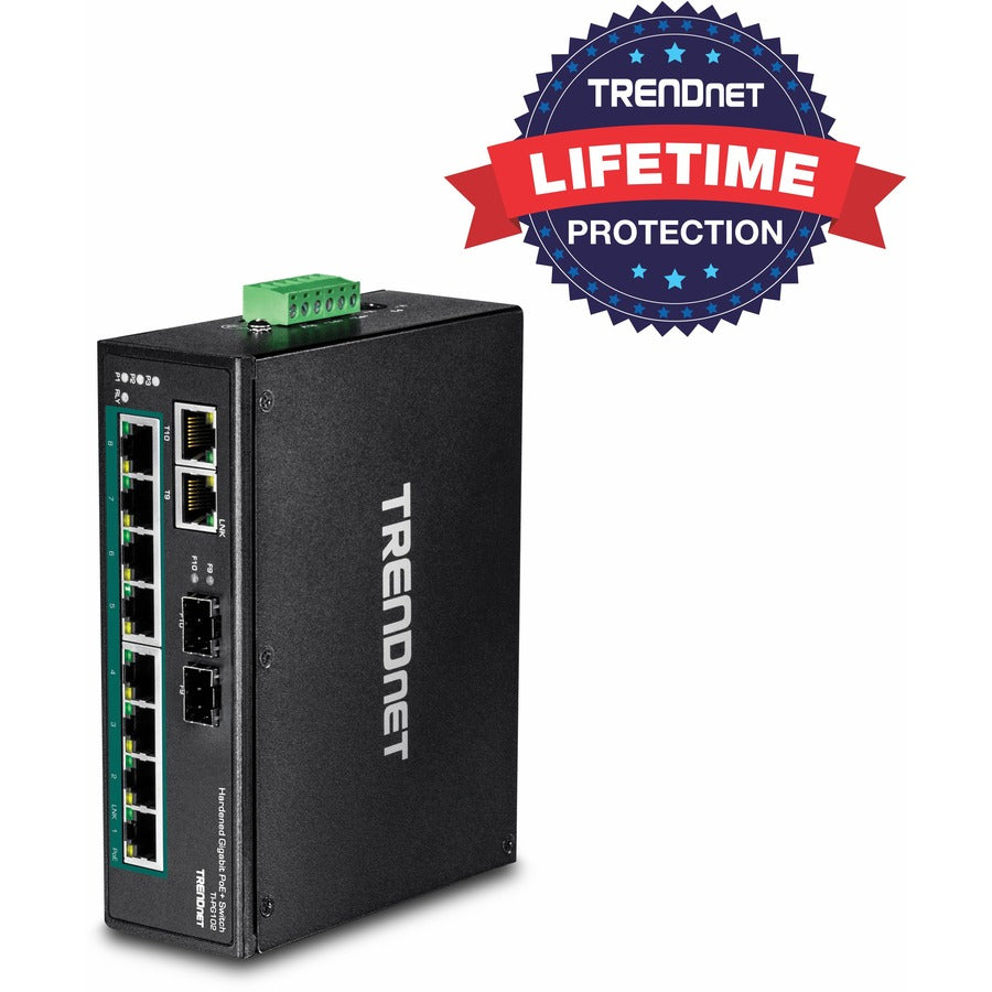 TRENDnet 10-Port Industrial Gigabit PoE+ DIN-Rail Switch, 8 x Gigabit PoE+ Ports, DIN-Rail Mount, 2 x SFP Slots, 240W PoE Power Budget, Network Switch, IP30, QoS, Lifetime Protection, Black, TI-PG102