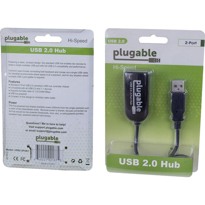 Plugable USB 2.0 2-Port High Speed Ultra Compact Hub Splitter (480 Mbps, USB 2.0, Compatible with Windows, Linux, macOS, Chrome OS)