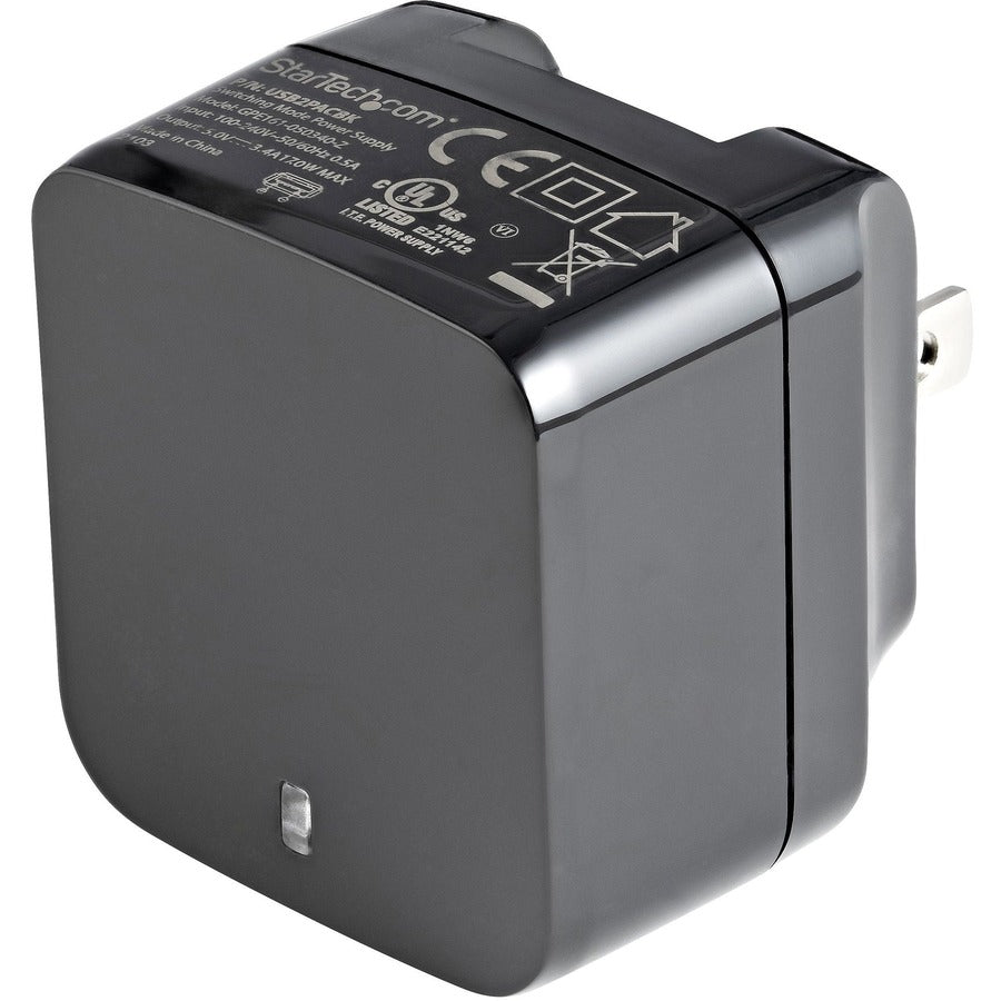 StarTech.com 2 Port USB Wall Charger, 17W Wall Charger Hub (2.4A & 1A port), Dual USB-A Power Adapter, Portable Charger for Phones/Tablets
