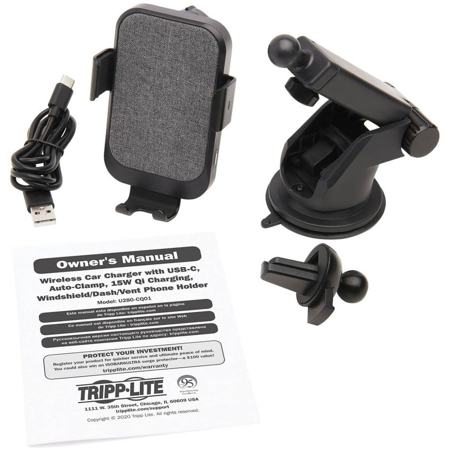 Tripp Lite Wireless Car Charger 15W USB C w/ Windshield Dash Phone Holder