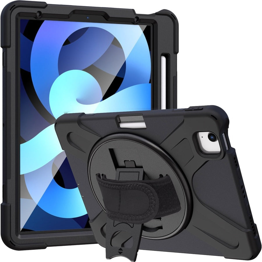 This case comes complete with a rotating kickstand and hand/shoulder neoprene strap.
