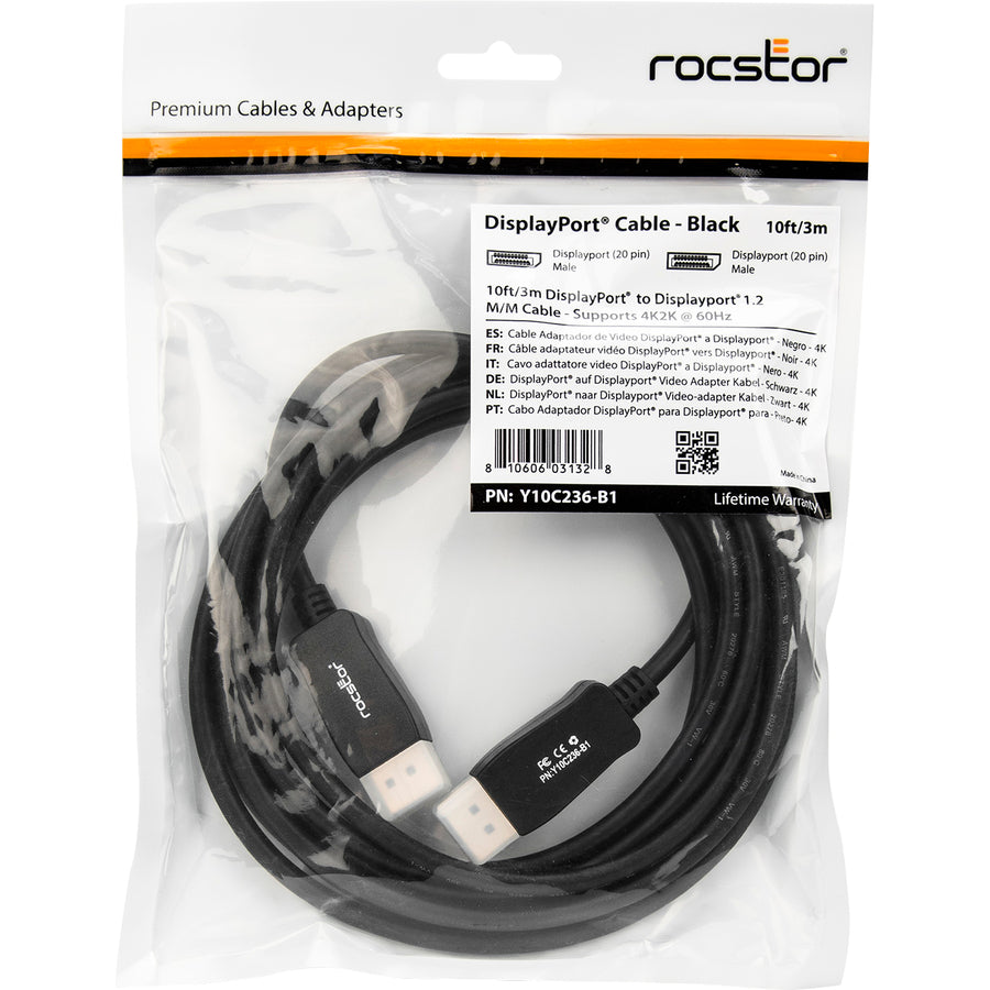 Rocstor Premium 10ft / 3m DisplayPort 1.2 Cable M/M - DisplayPort 4k - DisplayPort Male Digital Audio/Video - 10ft - Black- DP TO DP Cable 4Kx2K