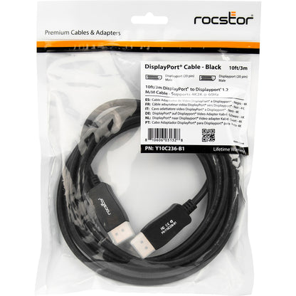 Rocstor Premium 10ft / 3m DisplayPort 1.2 Cable M/M - DisplayPort 4k - DisplayPort Male Digital Audio/Video - 10ft - Black- DP TO DP Cable 4Kx2K