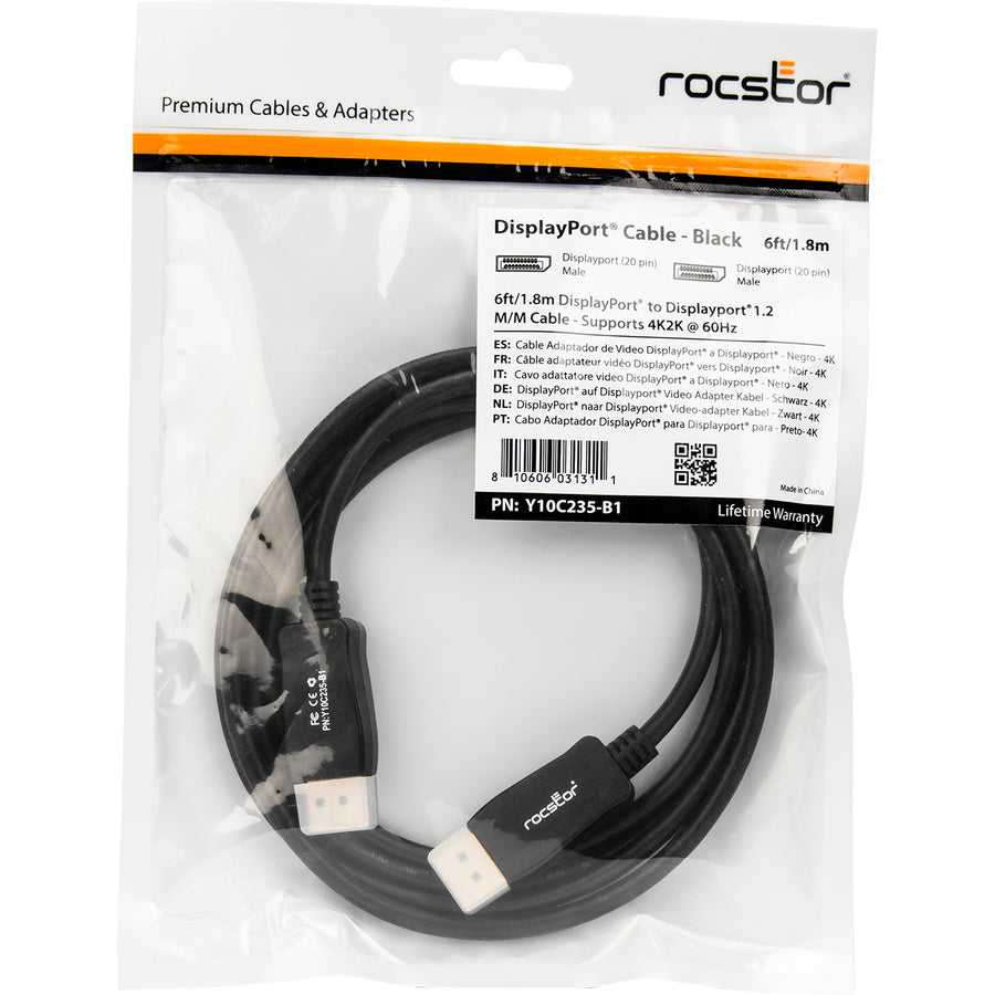 Rocstor Premium 6ft / 2m DisplayPort 1.2 Cable M/M - DisplayPort 4k - DisplayPort Male Digital Audio/Video - 6ft - Black- DP TO DP Cable 4Kx2K