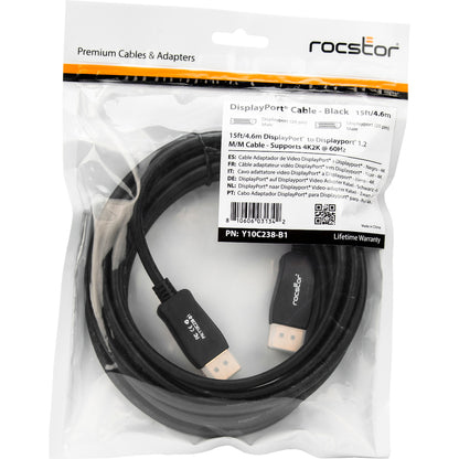 Rocstor Premium 15ft / 5m DisplayPort 1.2 Cable M/M - DisplayPort 4k - DisplayPort Male Digital Audio/Video - 15ft - Black- DP TO DP Cable 4Kx2K
